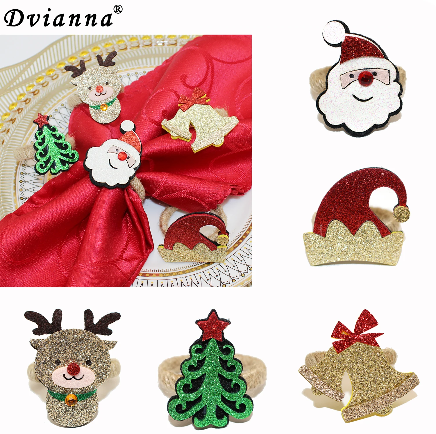

10PCS Christmas Napkin Ring Handmade Felt Cloth Gold Powder DIY Xmas Tree Elk Santa Claus Napkin Buckle for New Year Wedding Dec