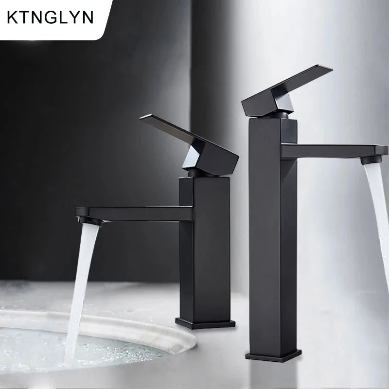 

Черный смеситель для раковины, кран для умывальника в ванную комнату, с одной ручкой, с высоким носиком