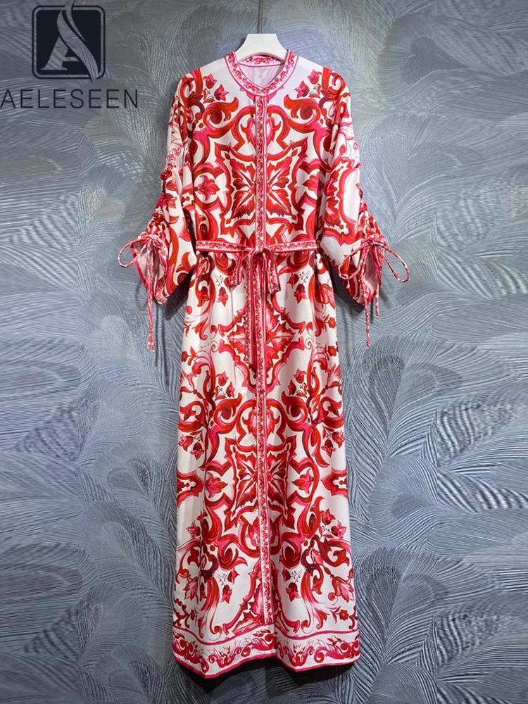 

Женское платье с поясом AELESEEN Sicilian, дизайнерское однобортное длинное платье с рукавом на завязках и красным цветочным принтом, вечерние