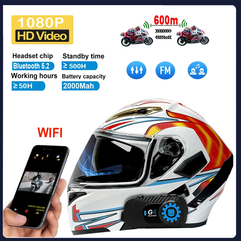 

Bluetooth 5.2 Motorcycle Helmet Intercom Headset Auto WiFi 1080P HD DVR Dash Cam 600M Headphone Motorbike Moto FM Radio Earphone