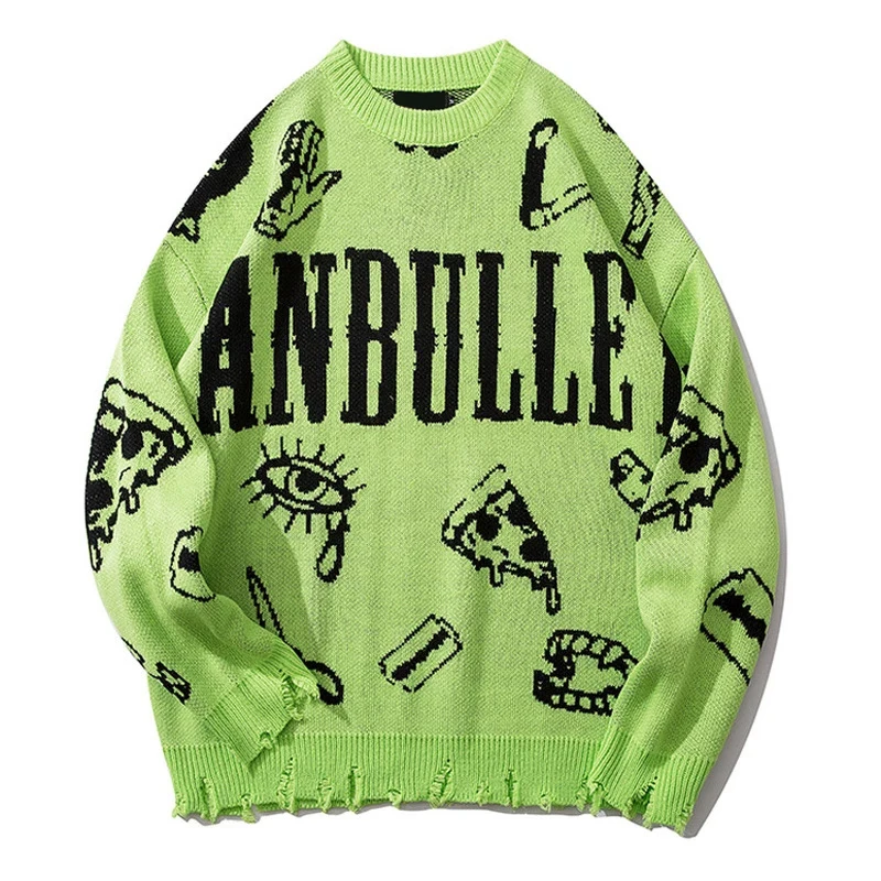 Свитер мужской женский вязаный с зеленым узором рваный в стиле Харадзюку |