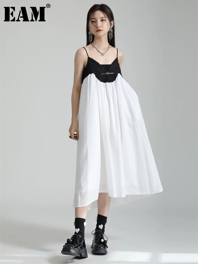 

Женское платье на тонких бретелях EAM, белое свободное платье без рукавов с v-образным вырезом, весна-лето 2023, 1DF7912