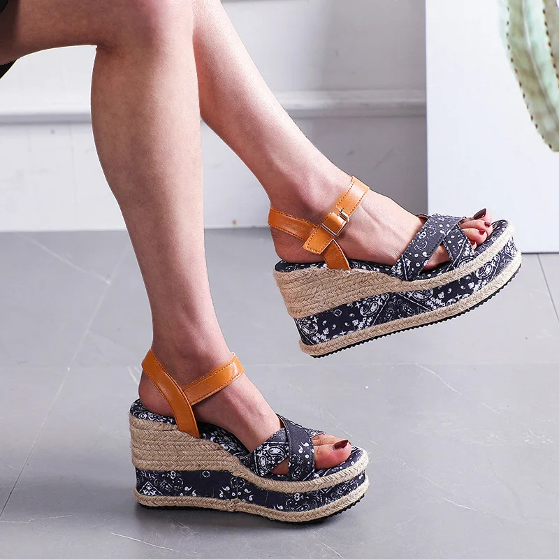 

Wedge Heel Hemp Rope Sandal Woman 2022 Large Size 43 New Buckle Strap Summer Platform Shoes High Heel Casual Peep Toe Sandals