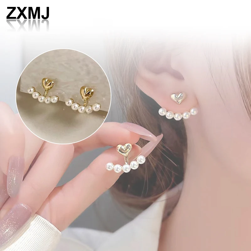 

ZXMJ New Fashion Earrings Sweet Pearl Earring Trend Heart Stud Earrings For Women Romantic Girlfriend Gift Ear Rings Jewelry