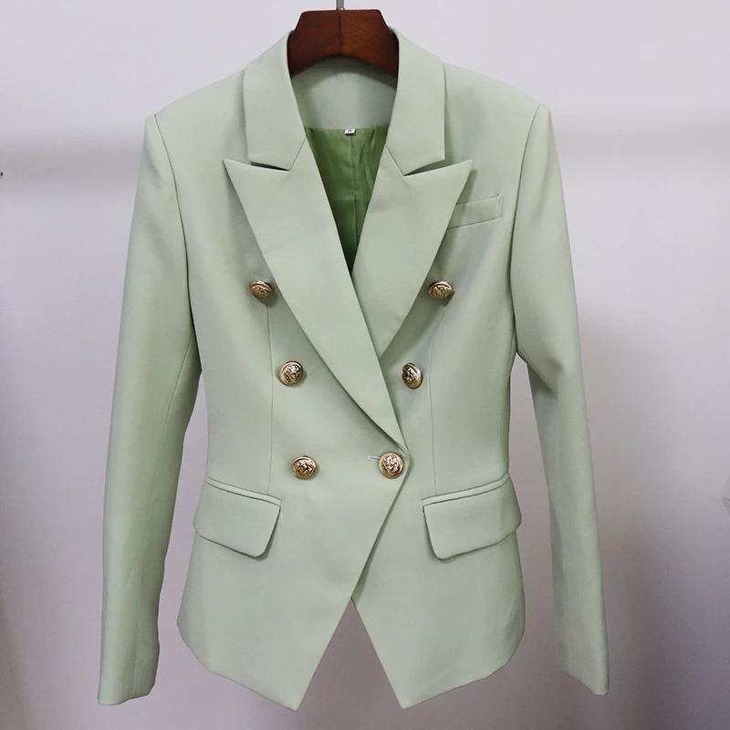 HIGH QUALITY New 2023 Classic Designer Women's Metal Lion Buttons Double Breasted Blazer Jacket Tender green