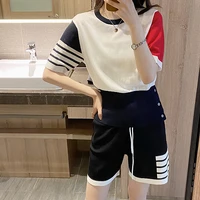 tb color blocking round neck short sleeved womens summer thin knitted sweater top four bars contrast color t shirt tide