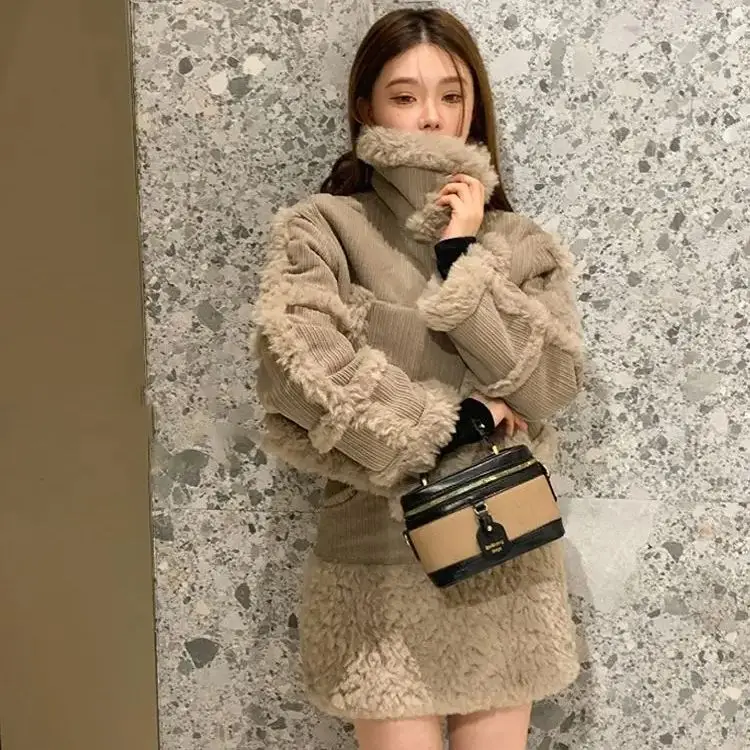 Корейское двухсекционное зимнее женское ретро-стиль модное пушистое короткое