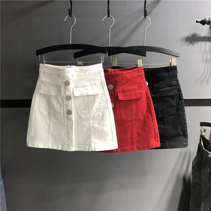 Hip-Packed Skirts  Pockets Thin and Anti-Blood 2022 High Waist Short Skirts A-Line Cowgirl Spring Single-breasted Half