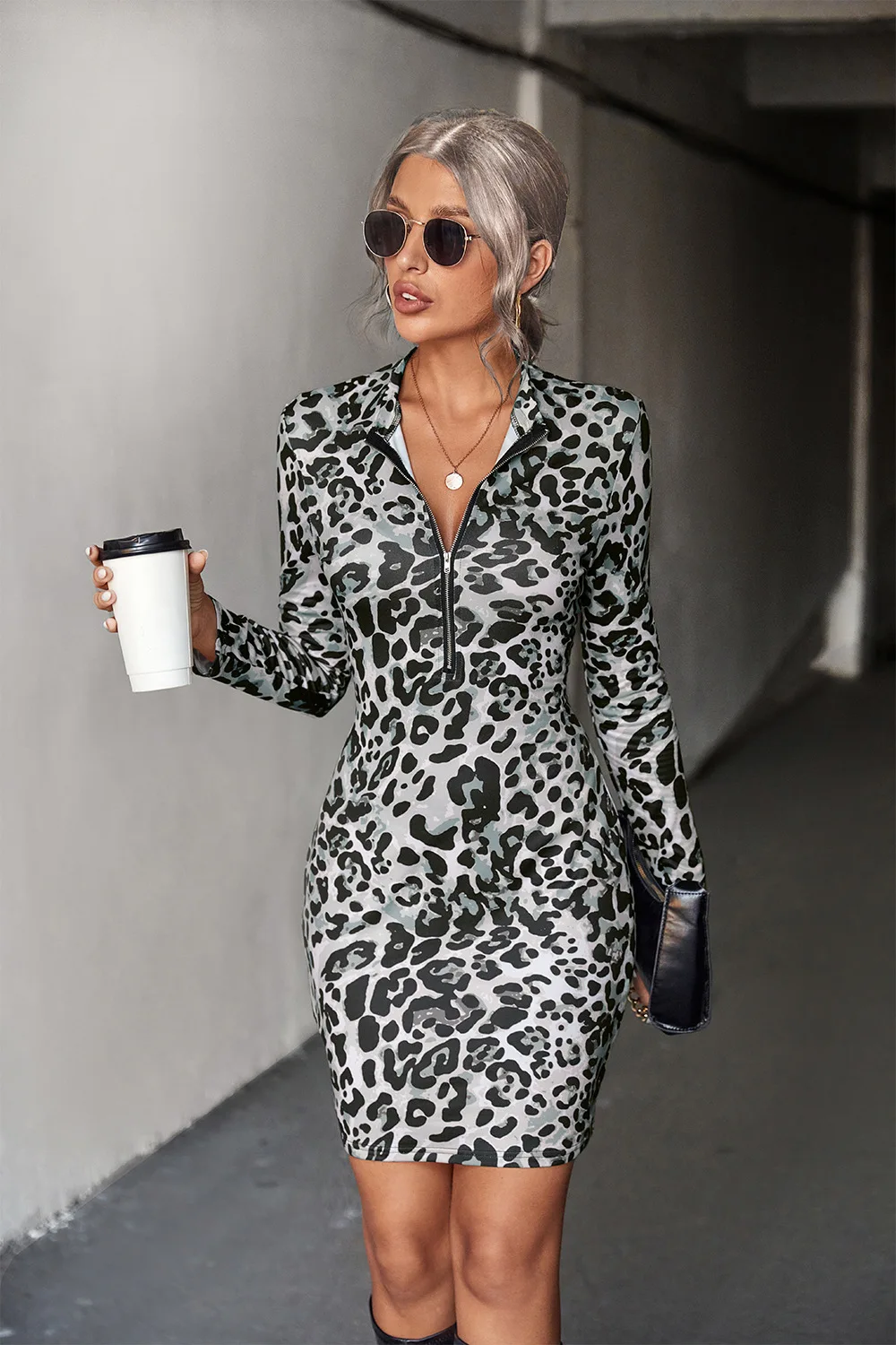 2022 Fall/Winter Women's Sexy Zip-Up Leopard Print Dress Ladies Slim V Neck Long-sleeved Mini Pencil Dresses Bodycon Dress