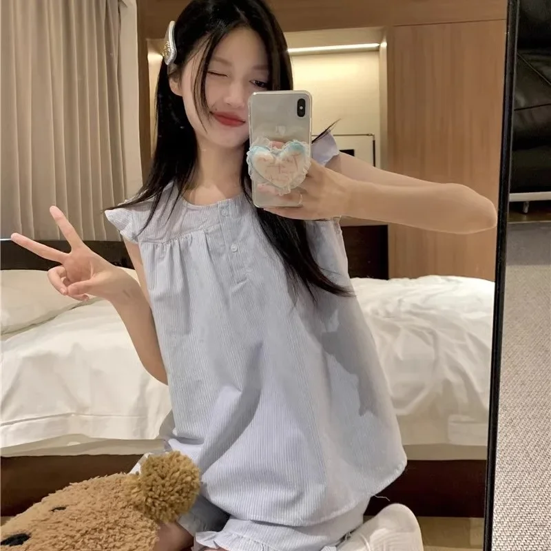 Новинка лета 2024 хлопковая женская одежда для сна с синей полоской и v-образным