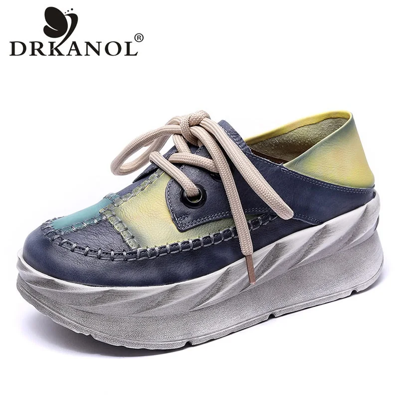

DRKANOL 2022 Spring Handmade Sewing Women Shoes Thick Bottom Wedges Heel Mixed-colors Genuine Cow Leather Platform Casual Shoes