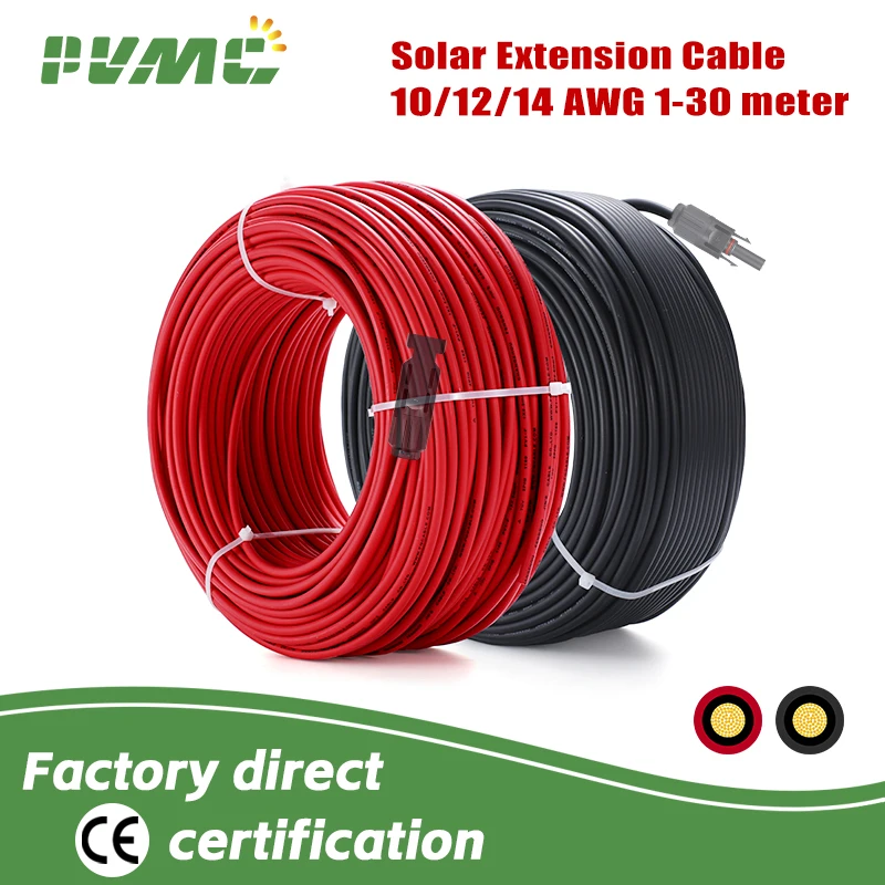 

Solar Panel Extension Cable 6/4/2.5 mm2 14/12/10AWG Tinned Copper Double Sheath Black Red DC Wire for Solar PV System