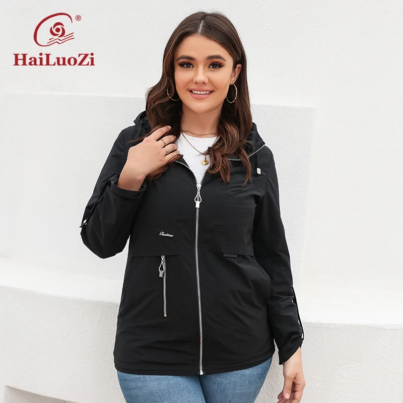 HaiLuoZi New Spring Women's Trench Coat Solid Color Simple Design Casual Windbreaker Fashion Short Zipper Plus Size Outwear 9735