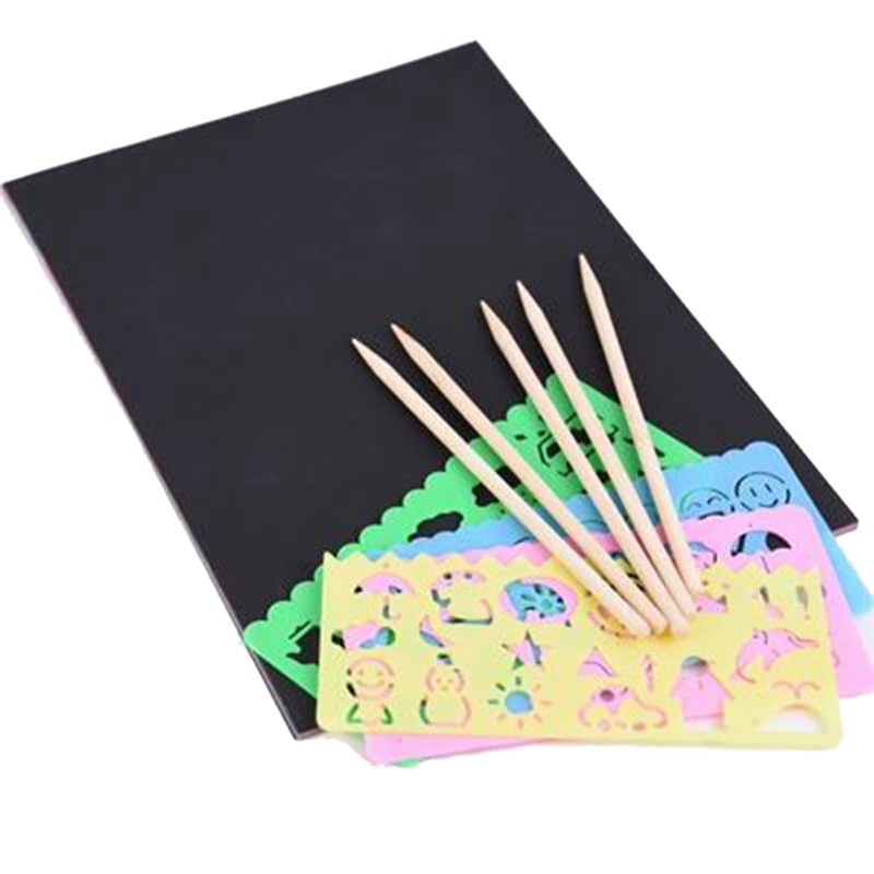 

100 Sheets Scraping Painting Papers Kids DIY Craft Drawing Magic Rainbow Color Scratch Art Paper Card Set With Stencils