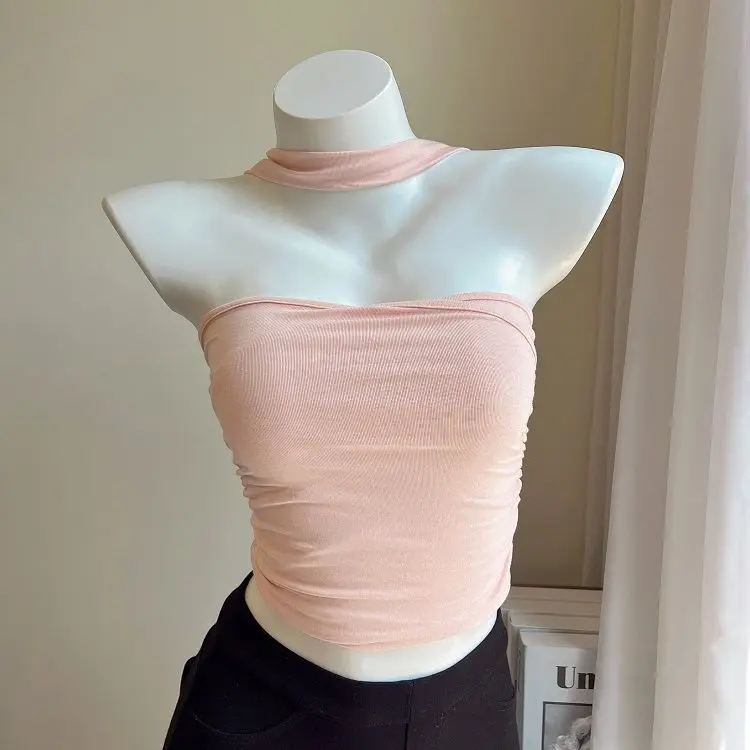 

Sexy backless bra with sleeveless hanging neck pleated top, summer base coat, suspender, small tank top for women