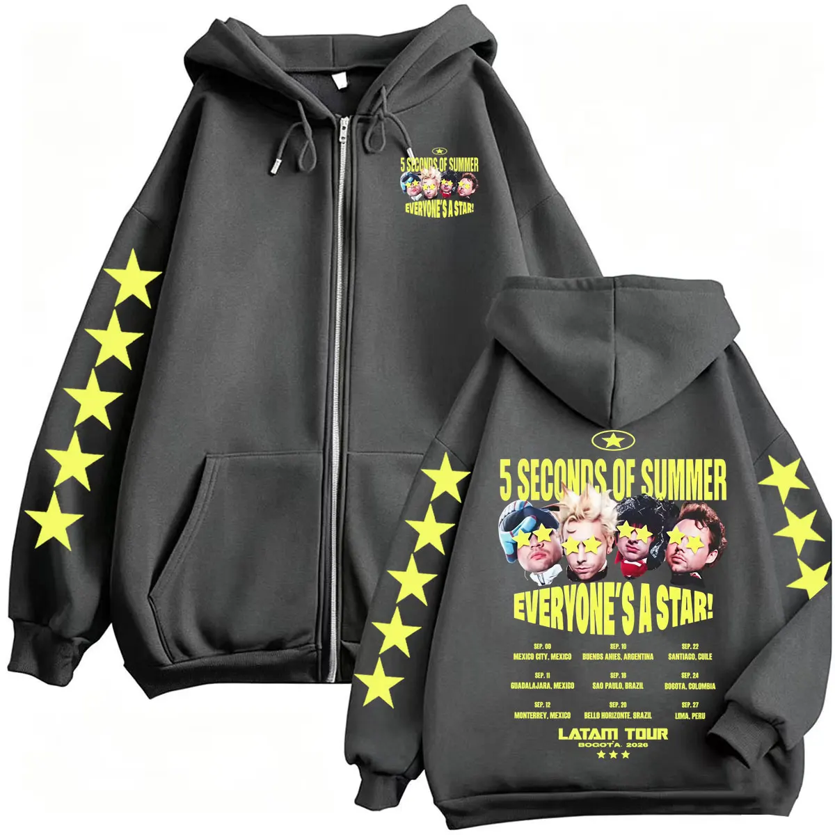 Фото Мужские толстовки с капюшоном на молнии 5 Seconds of Summer Everyone's A Star Latam Tour 2026, готические, в стиле Харадзюку, высокого качества, куртки-свитшоты №3