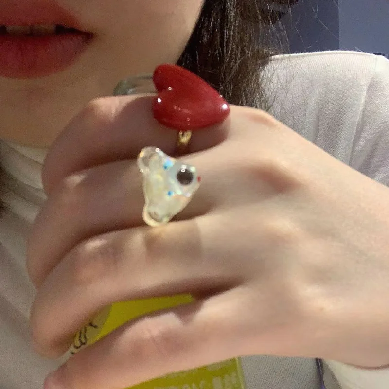 

1 шт. Модное изящное красное кольцо с регулируемой яркостью для девочек в Корейском стиле с изображением белого медведя, блестящее Ювелирно...