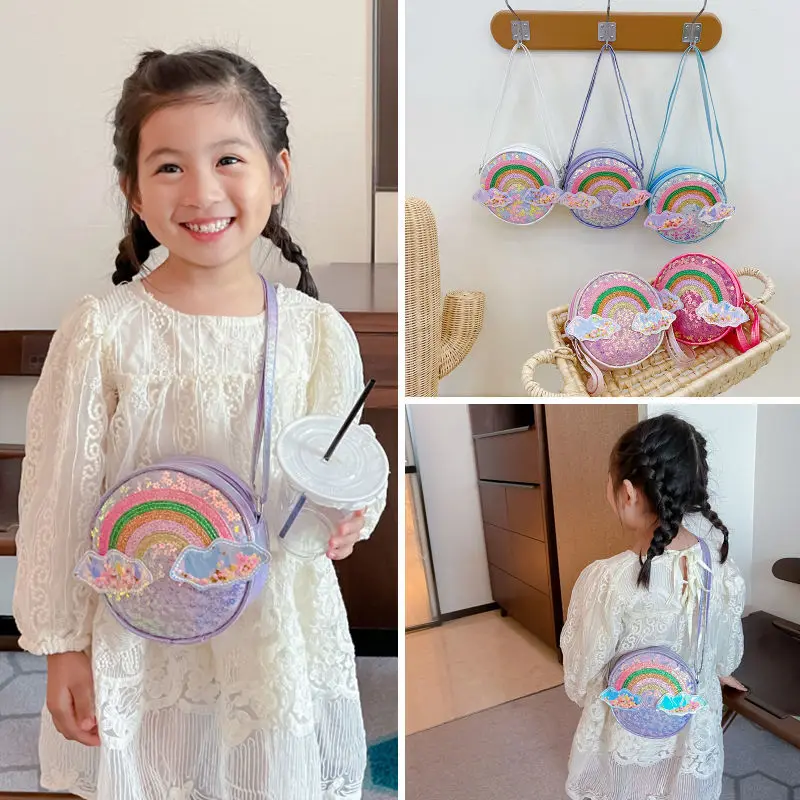 Cute Rainbow Children's Shoulder Bags Lovely Pink Baby Girls Sequins Messenger Bag Princess Accessories Small Round Handbags