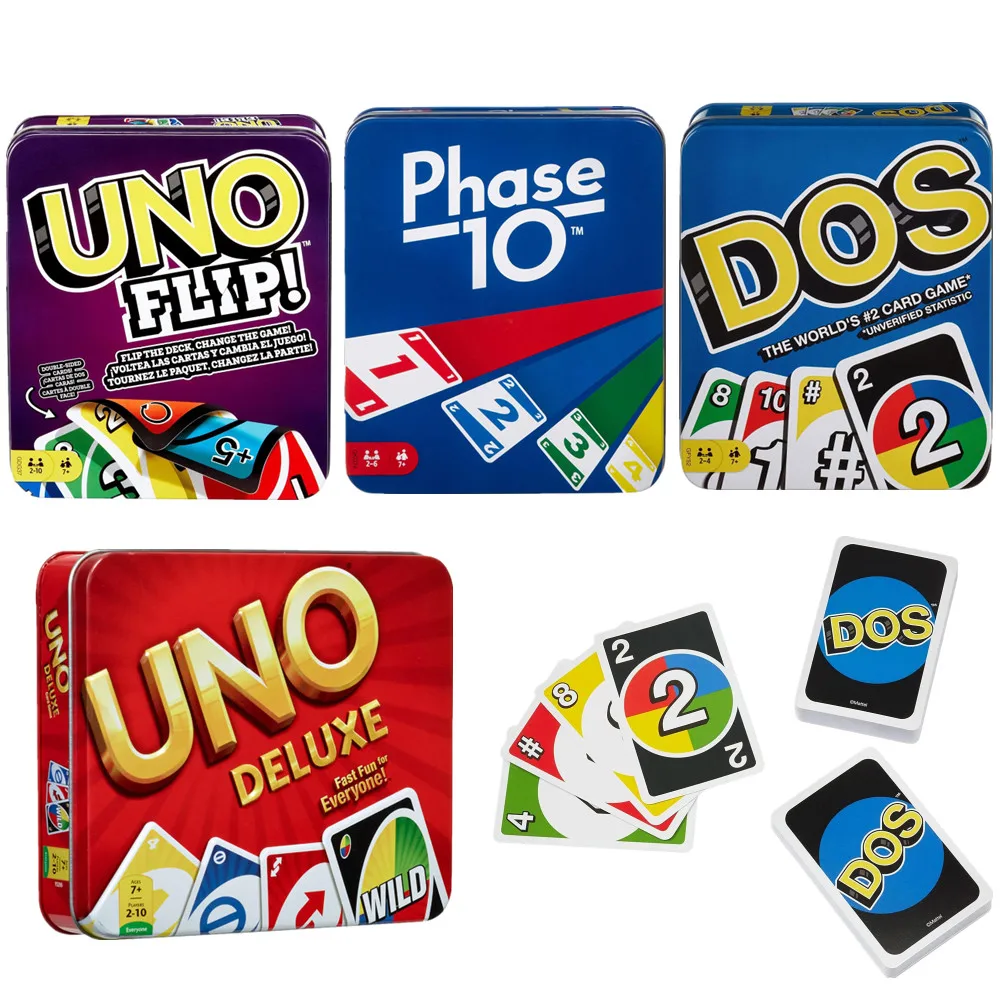 Mattel UNO Flip Phase 10 DOS Deluxe Iron Box Poker Card Game Family Party Children Entertainment Board Game Funny Table Toy Gift