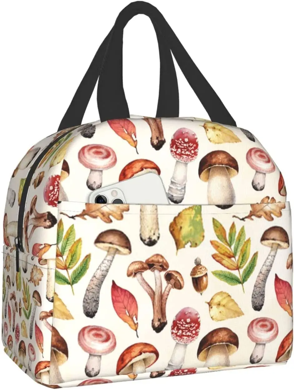 

Многоцветные женские сумки для ланча с рисунком грибов и листьями, Портативная сумка-холодильник, большая многоразовая Изолированная коро...