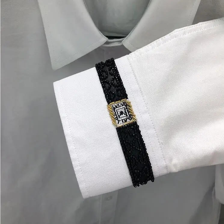 TB Men's New Shirts Men Slim White Long Sleeve Casual Shirt Cuff Watch Pattern Oxford Fabric Solid Men's Clothes Office Dress