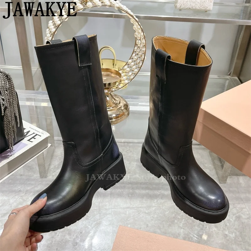 Замшевые Кожаные Сапоги до колена с круглым носком на толстой подошве женские