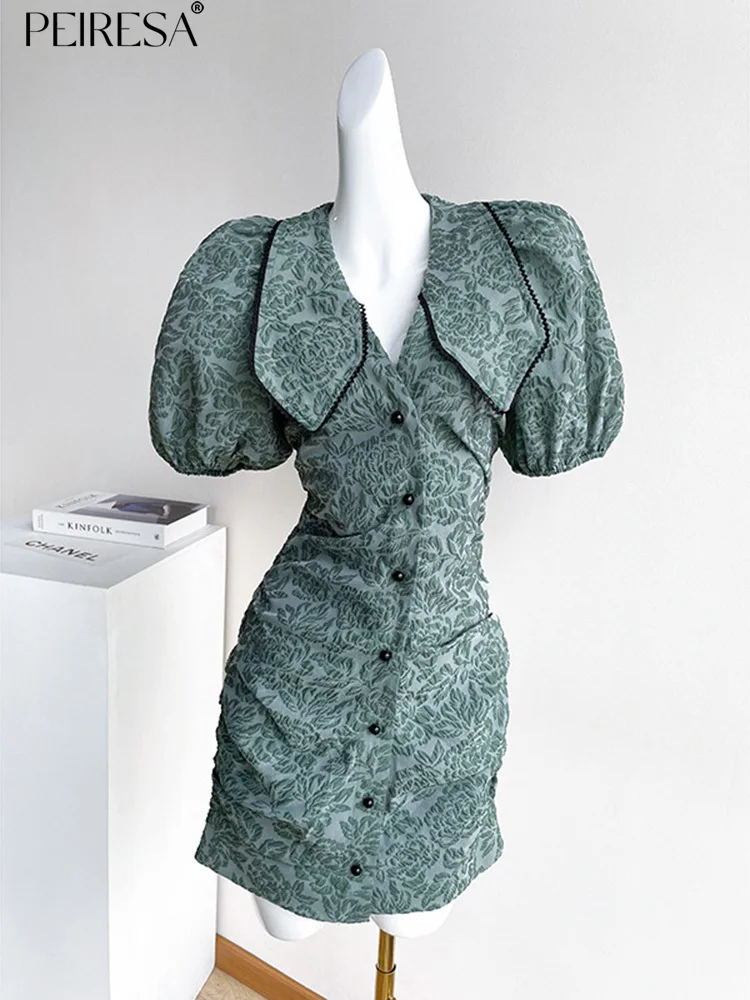 

PEIRESA 2023 Summer New In French Elegant Jacquard Lapel Mini Dress Women Folds Puff Sleeve Slim Waist Short Dresses Vestidos