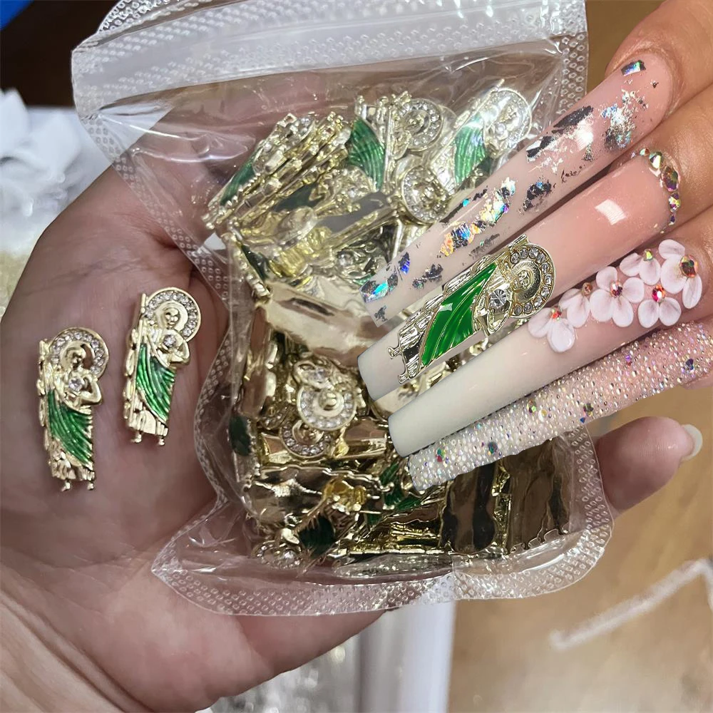 

10pcs San Judas 3D Metal Nails Art Luxury Virgin Mary Jewelry Accessories Salon Tips Green Plated Crafts DIY Manicure Decoration