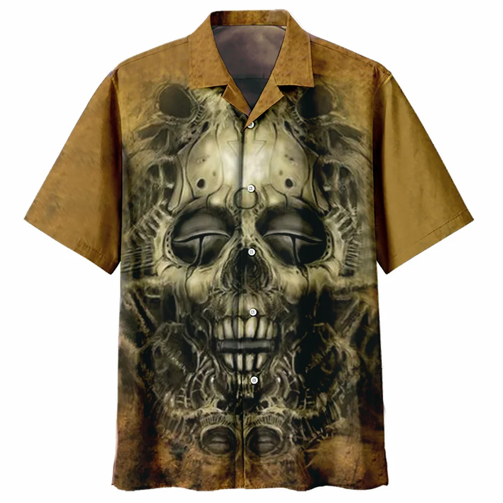 3d Cuban Collar Skull Print Shirt for Men Short Sleeve Vintage Hip Hop Party Fashion Hawaiian Men's Shirt Clothing Casual Blouse