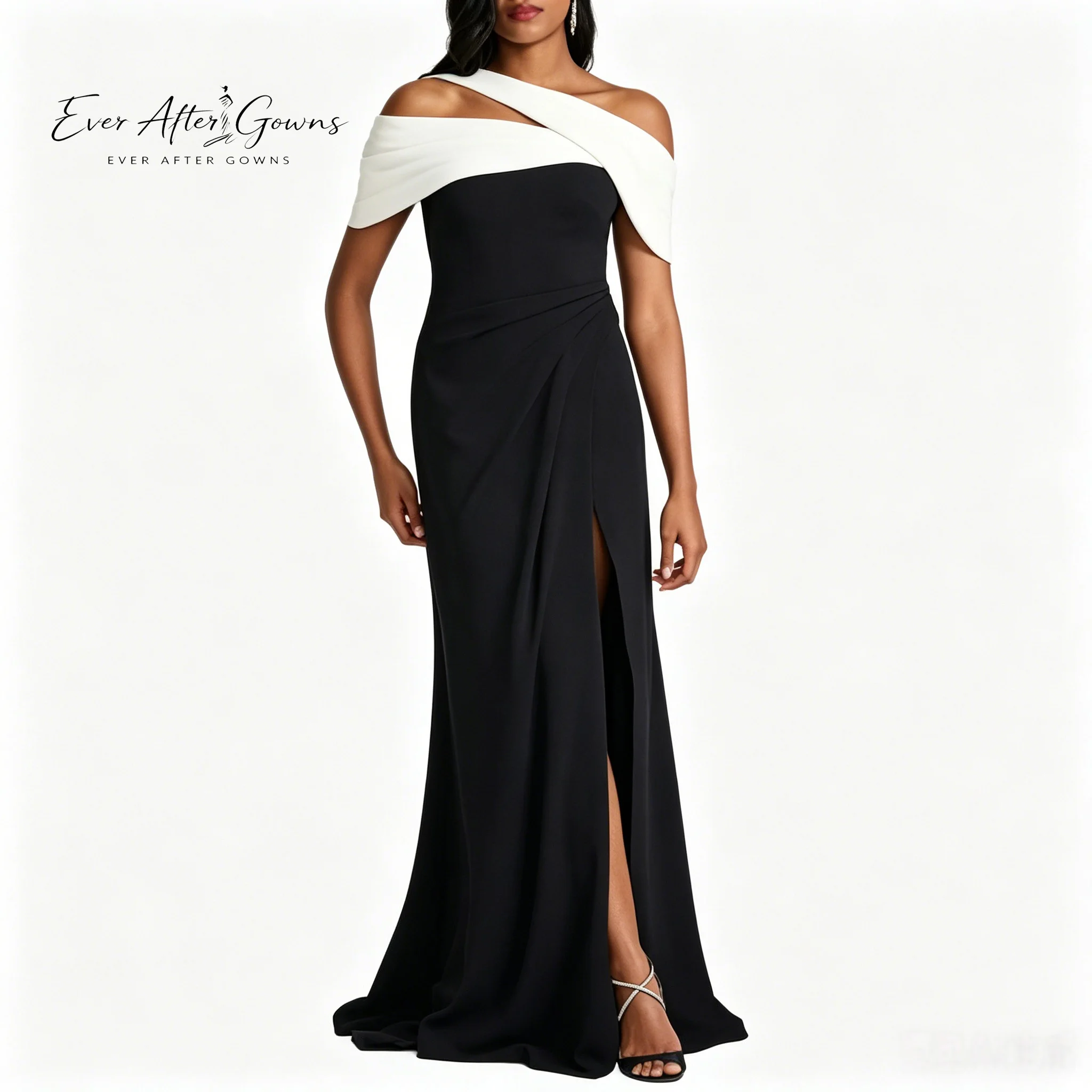 Фото Вечернее платье Ever After Gowns: черно-белое, с одним открытым плечом, макси, с драпировкой на талии, высоким разрезом, для торжественных мероприятий и свадеб №1
