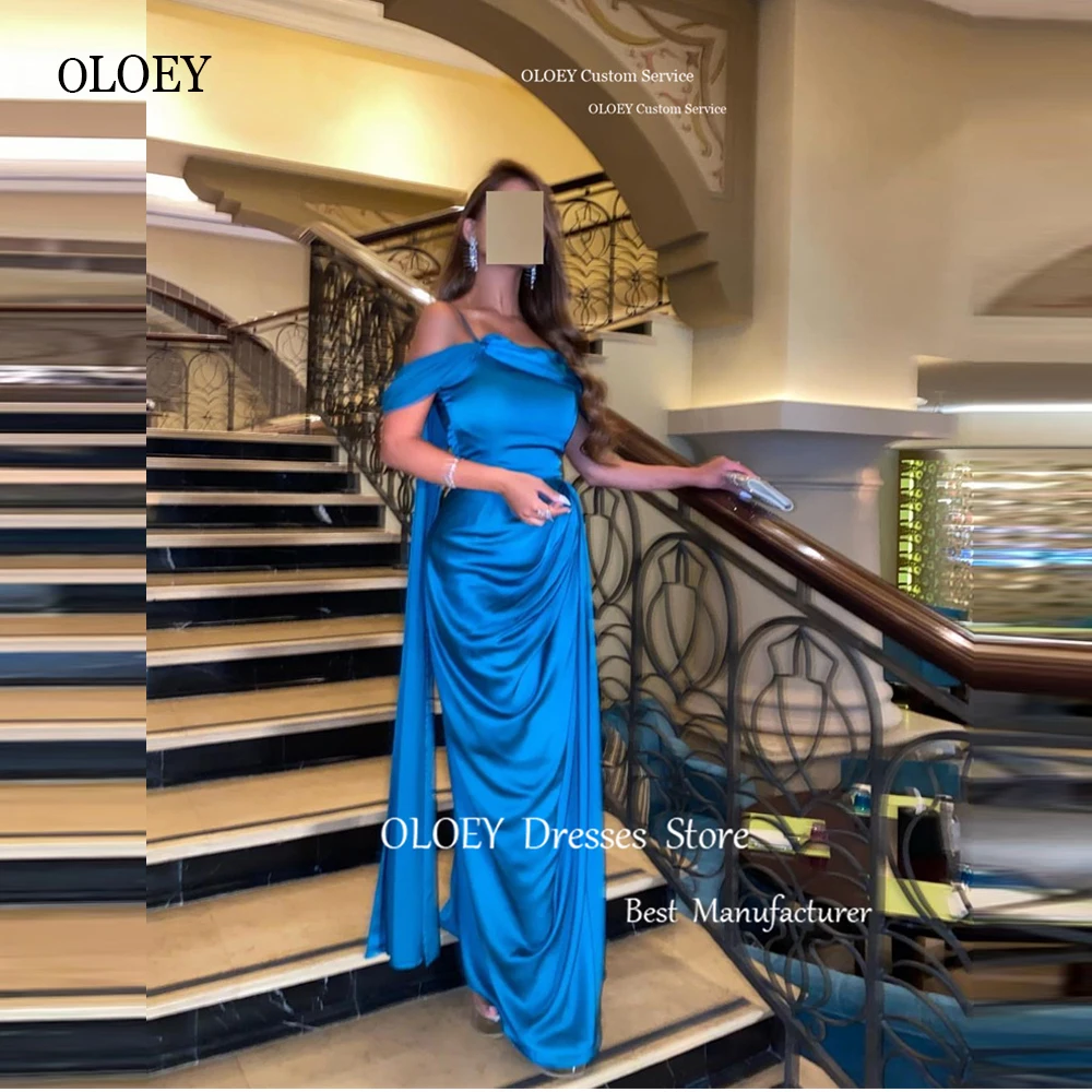 

OLOEY Blue Silk Formal Evening Party Dresses Saudi Arabic Women Off the Shoulder Straps Prom Dress Night Event Long Gowns 2023