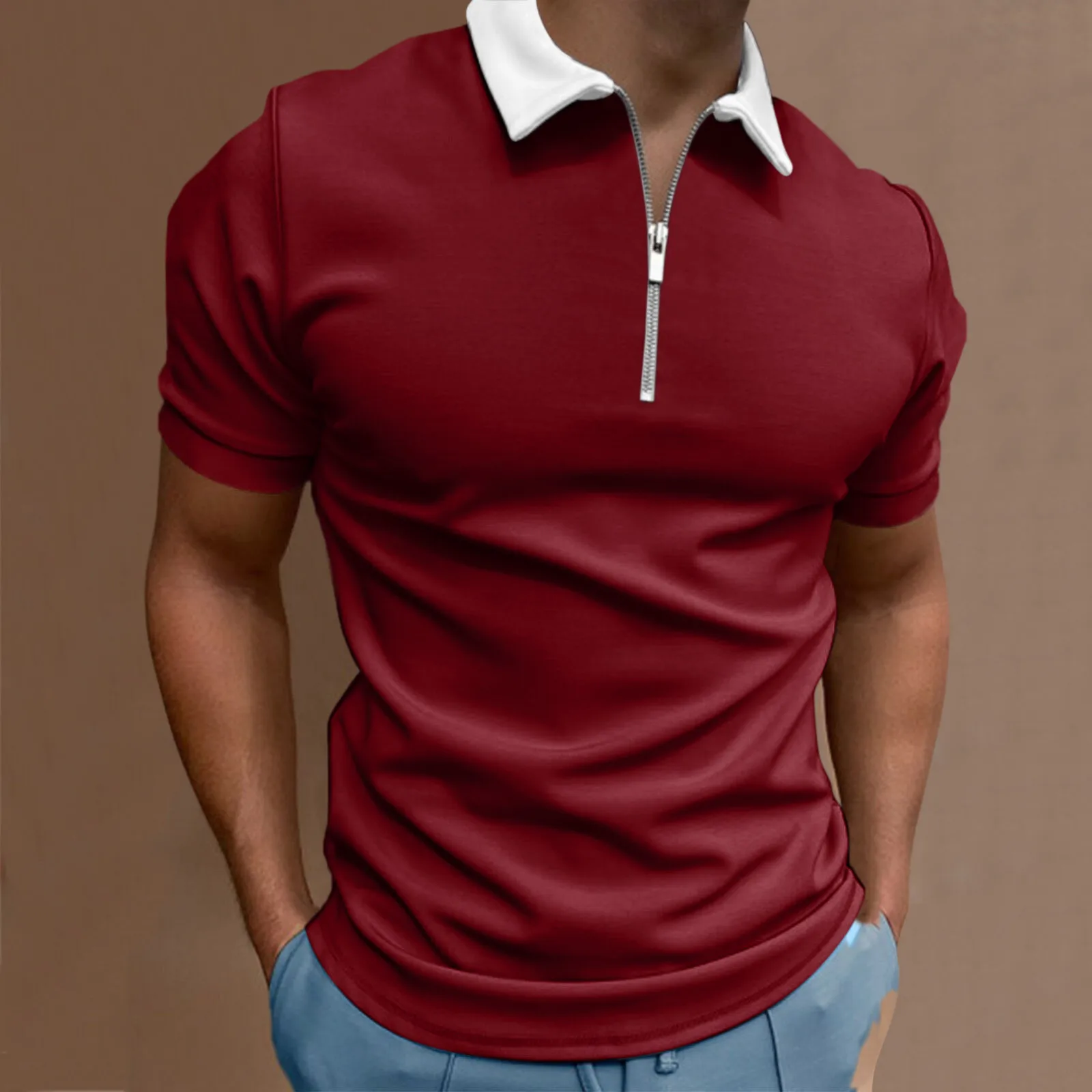 

Men Swim Tee Men Casual Soild Zipper Top Shirt Turn Down Collar Blouse Short Sleeve Colored Undershirts for Men Plain T Shirts