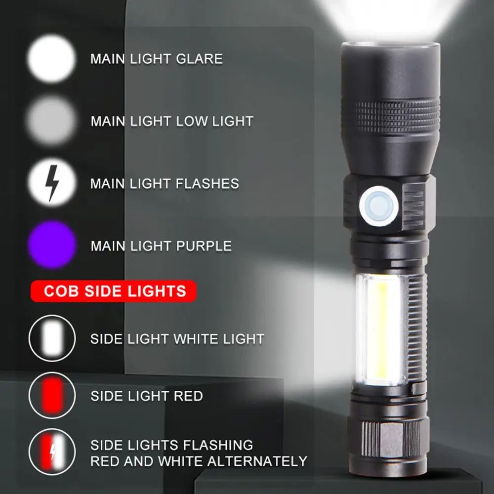 

LED Glare Glashlight Portable Waterproof Cob Light Multi-function Zoomable Torch Lamp Telescopic zoom USB Charging Flashlights