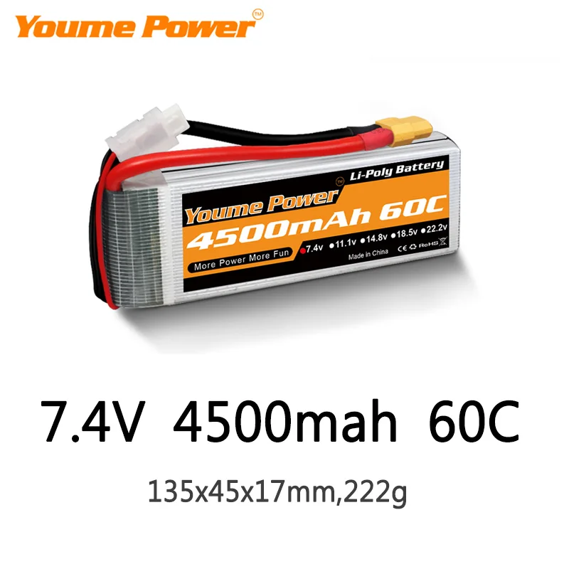 

Youme 2S Lipo батарея 7,4 V 4500mah 50C XT60 T TRX XT90 XT150 EC3 EC5 для RC вертолет Самолет Лодка Квадрокоптер