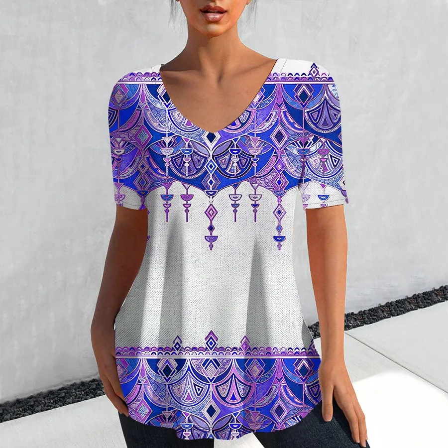 

Летняя женская футболка в стиле ретро, Модный женский этнический Топ в стиле Харадзюку с цветочным принтом и коротким рукавом, 3xl