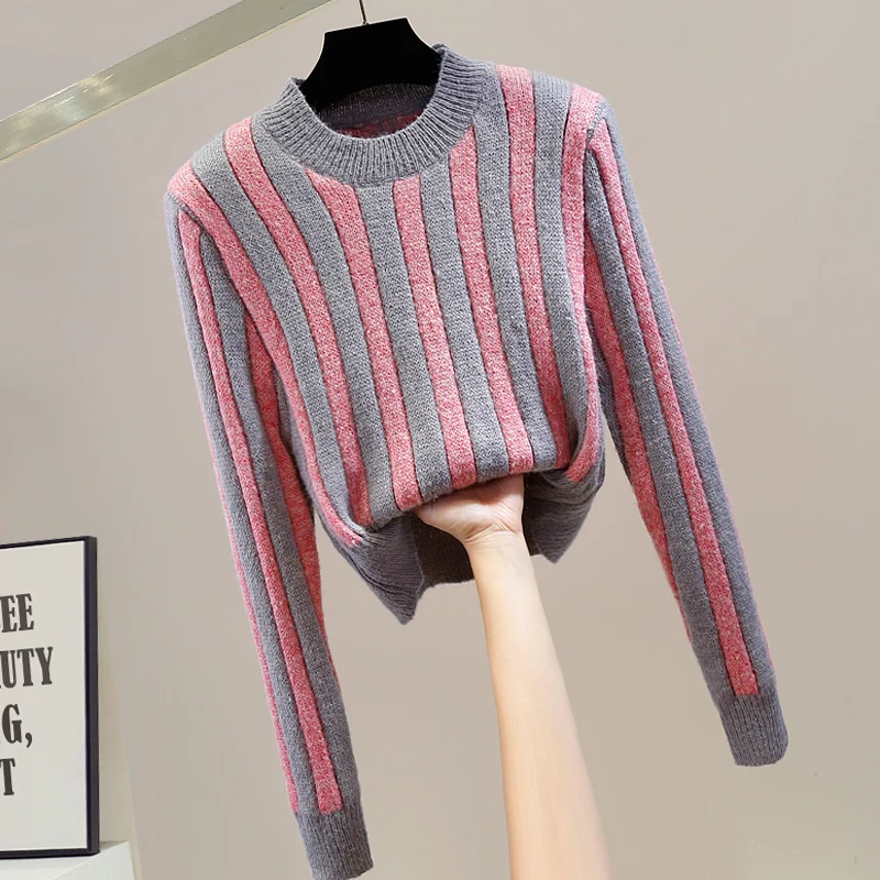 

Модный Цветной контрастный пуловер с круглым вырезом, облегающий короткий свитер в полоску, женская зимняя трикотажная одежда, топ, свитеры с высокой талией для девочек