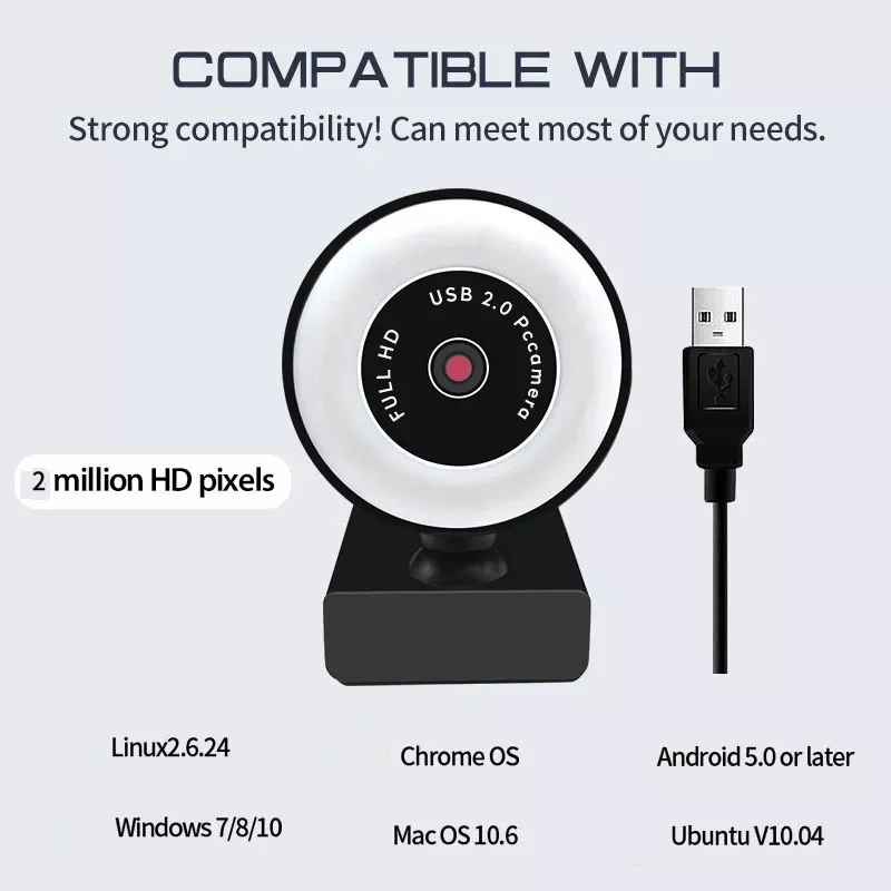 

1080P HD Webcam with Ring Fill Light for Laptop PC Computer Live Broadcast Camera Video Web Camera Microphone Web Cam