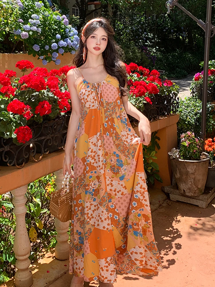 

Женское длинное свободное платье, винтажное платье в праздничном стиле с принтом, платье с лямкой на шее для путешествий и отдыха на море, новинка на лето