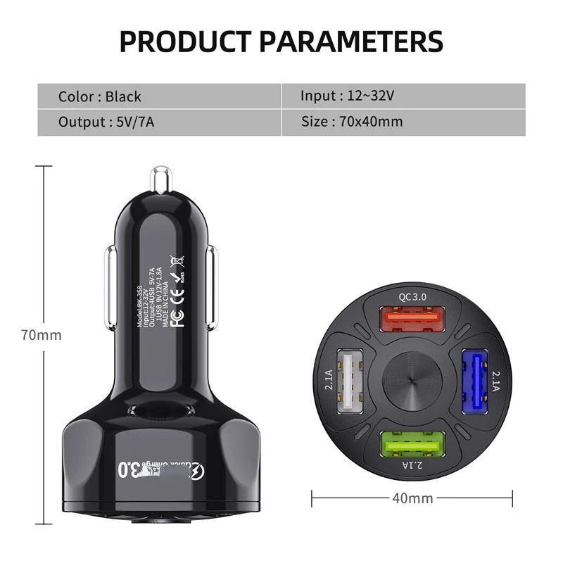 

USLION 4 Ports USB Car Charge 48W Quick 7A Mini Fast Charging For iPhone 11 Mobile Phone Charger Adapter in Car