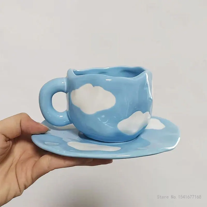 Korean Ceramic Hand-painted Blue Sky White Cloud Coffee Cup Saucer High Appearance Level Lovely Water Cup and Plate Set
