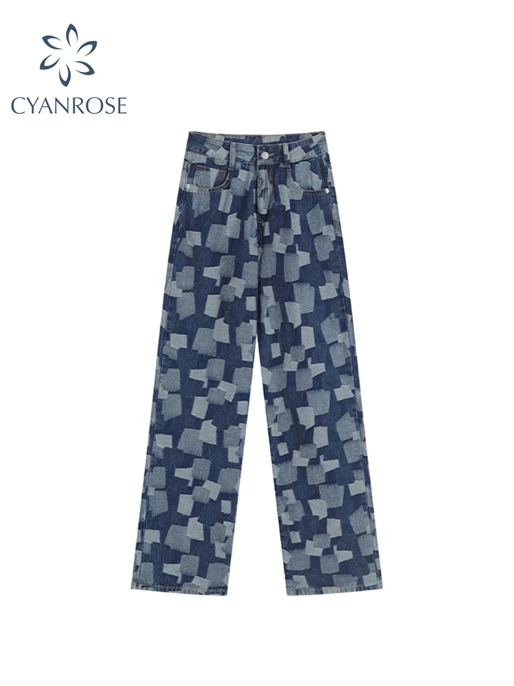 

Spring Women Plaid Patchwork Jeans Baggy Casual Streetwear Harajuku High Waist Wide Leg Pants Femme Vintage Hip Hop Trousers New