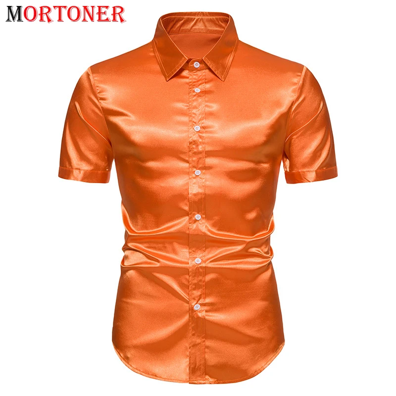 

Оранжевая женская атласная рубашка для свадьбы, Мужская классическая рубашка с коротким рукавом, Повседневная гладкая рубашка для смокинга без складок