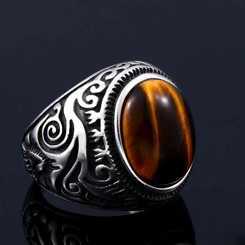 

Vintage Oval Tiger Eye Brown Gemstone Ring Men Women Fashion Punk Stainless Steel Engraved Pattern Men's Ring Jewelry Wholesale
