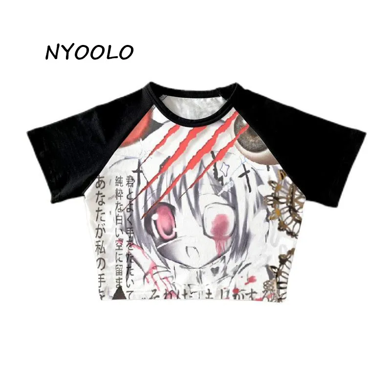 

NYOOLO Japanese Anime Girl Letters Print Patchwork Short Sleeve Punk T-Shirt Women Clothing Summer Harajuku Y2k Hip Hop Top Tee