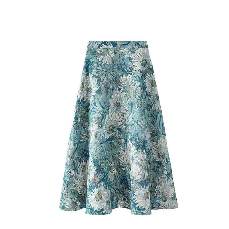 

Spring Summer Korean Flowers Printing Woman Skirts High Waist A-line Elegant Oil Painting Flower Print New Mid-calf Skirt A39