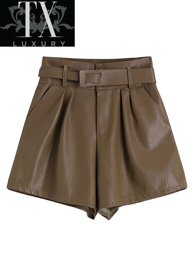 

Shorts For Women Chic Fashion With Belt Faux Leather Vintage Streetwear Gothic High Waist Y2K Female Baggy PU Short Pants Mujer