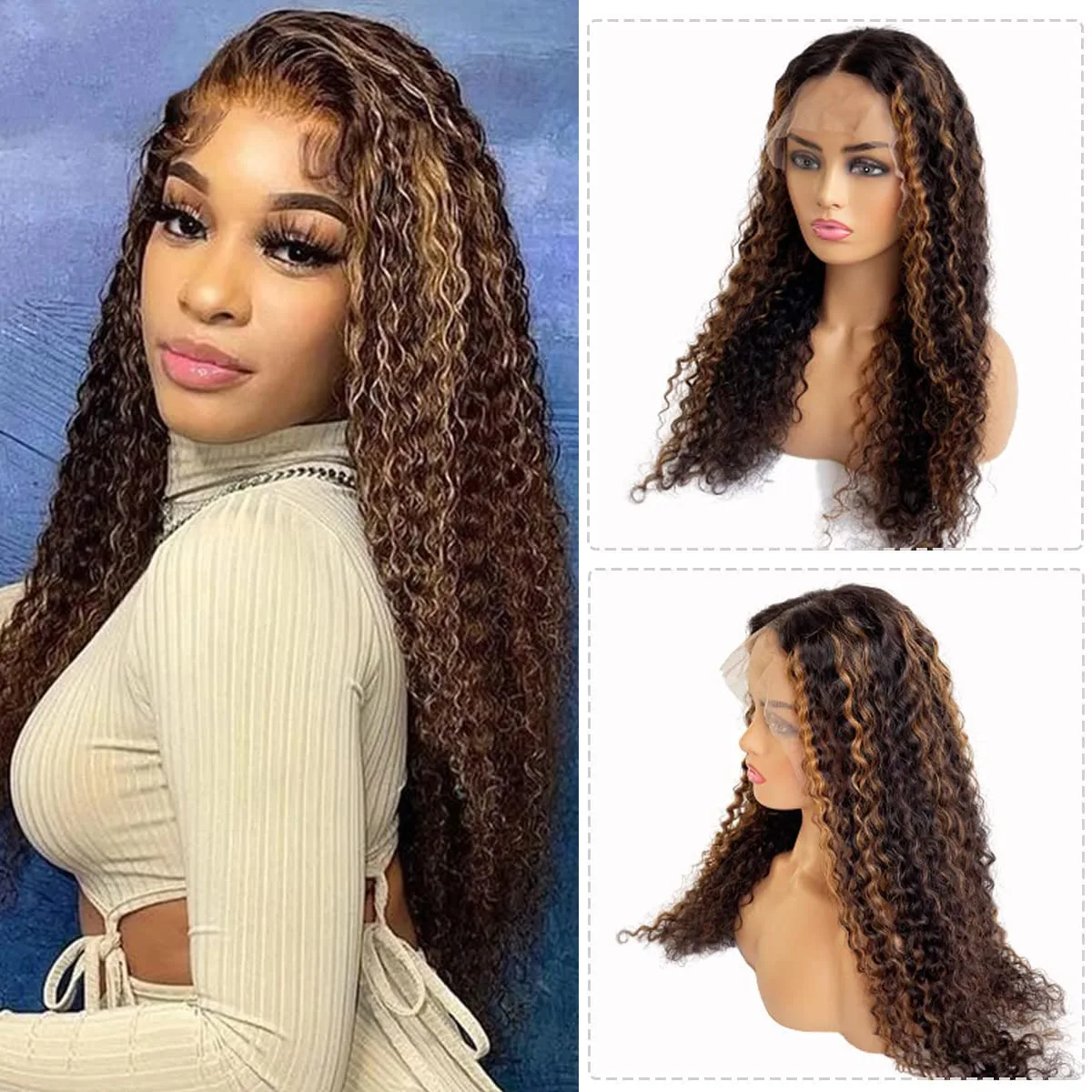Brown Highlights Deep Wave Lace Front Wig Human Hair 150% Density Curly Pre Plucked 13x4 Lace Frontal Wigs with Baby Hair