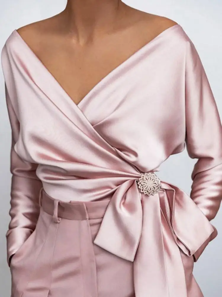 

VONDA Elegant Femme Clothing Spring Long Sleeve Chemise Femininas Women Fashion Blouse Solid V Neck Tops Sexy Party Blusa Shirts