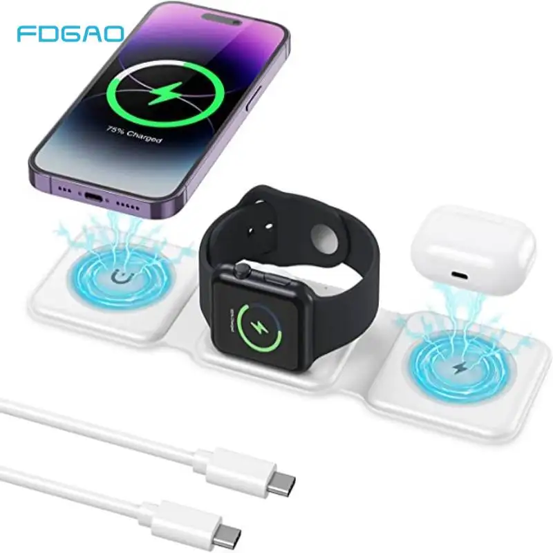 Беспроводное зарядное устройство 3 в 1, Складная магнитная док-станция для iPhone 14, 13, 12, 11, 8, XS, XR, iWatch 8, Airpods Pro, 15 Вт
