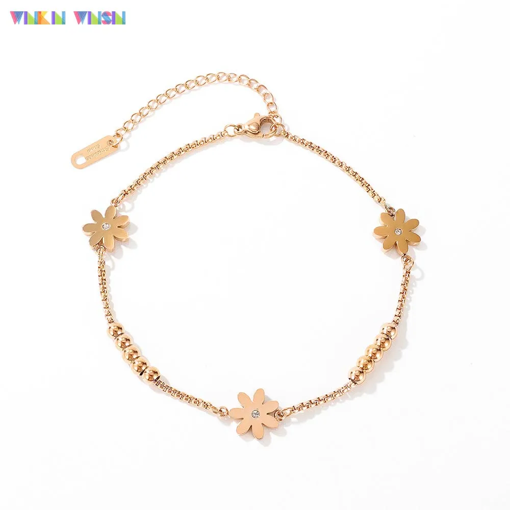 

WinkinWinsin Brand K Series Classical Daisy Flower Design Lady Foot Chains Rose Gold Color Plated Titanium Steel Women Anklets